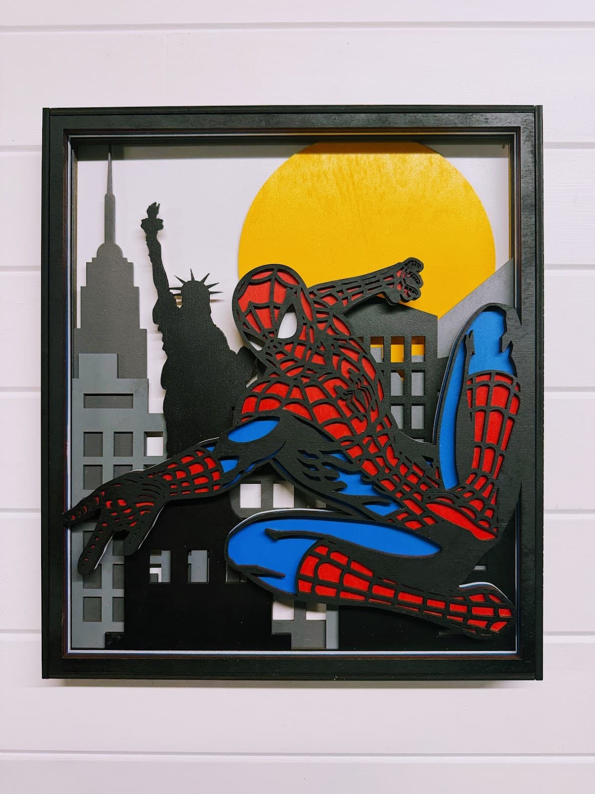3D layered wood wall art — Spider-Man over the New York skyline